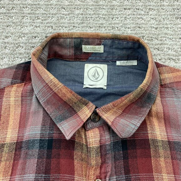 VOLCOM Shirt Men Medium M Red Brown Plaid Button Up Polo Shirt Long Sleeve Polo - Picture 5 of 11